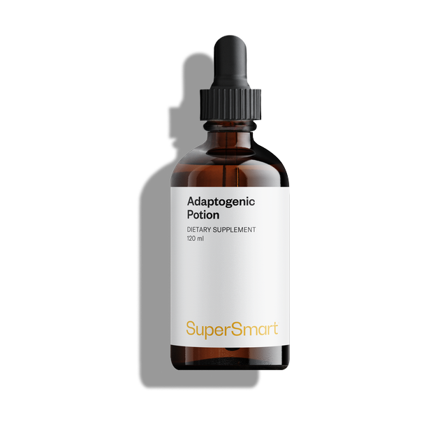 Pot containing adaptogenic herb and mushroom supplement 